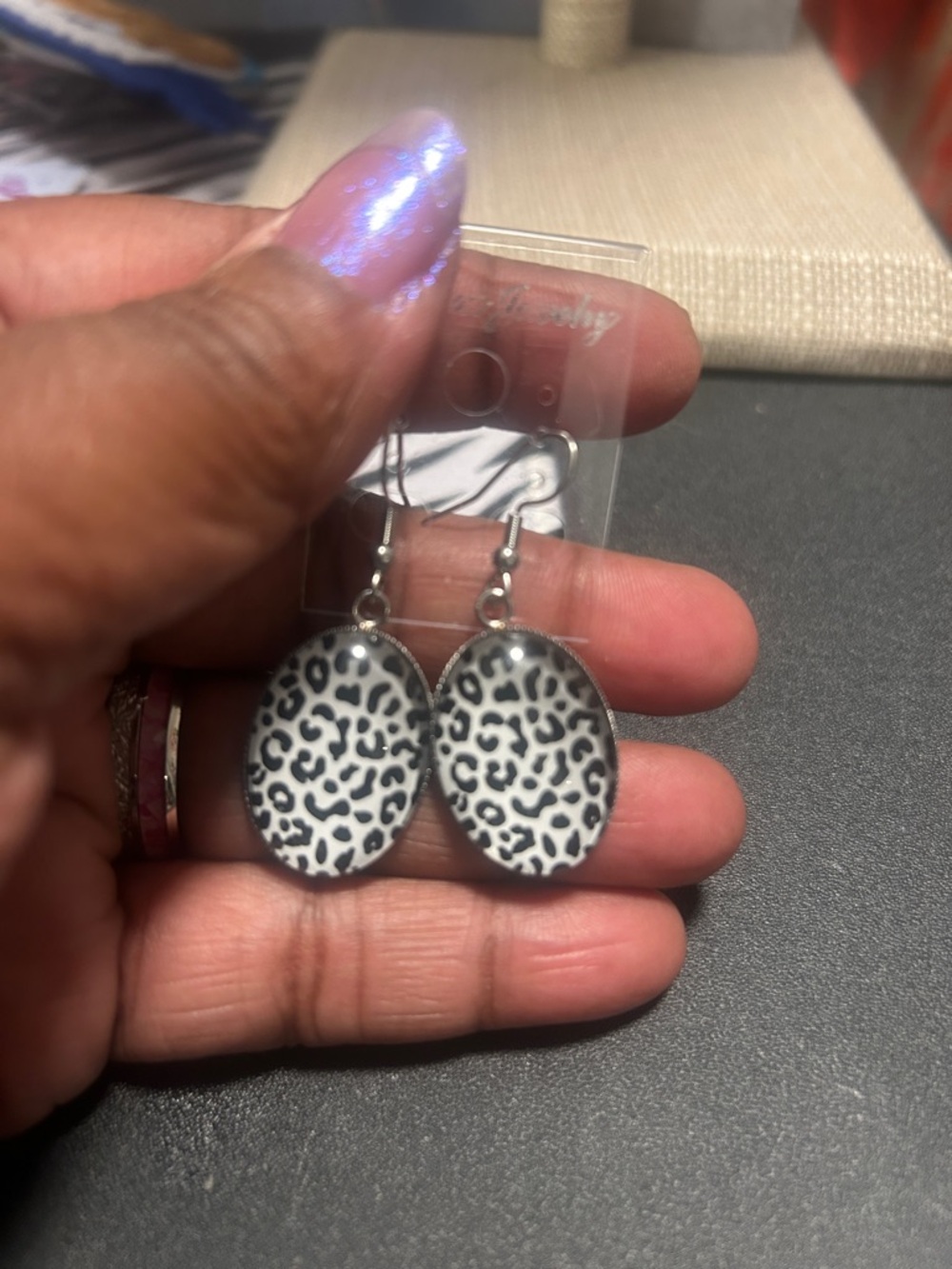 Women’s Oval Leopard Print Drop Earrings - Black & White